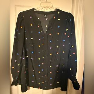 Women’s Plus SHEIN Sz 2x Long Sleeve Blouse Black Multicolor Hearts Valentine